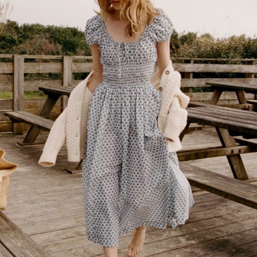 Doen Quinn Cotton Smocked Short Sleeve Midi Maxi Dress Dahlia Ditsy Blue White